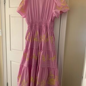 Beautiful long, pink dress, with ruffled short sleeves by ANTHRPOLOGIE